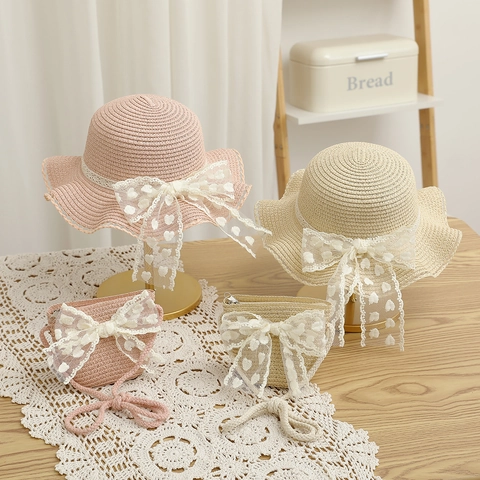 Girls Straw Hat Crossbody Bag Set Heart Pattern Lace Bow Summer Beach Sun Protection Woven Accessories