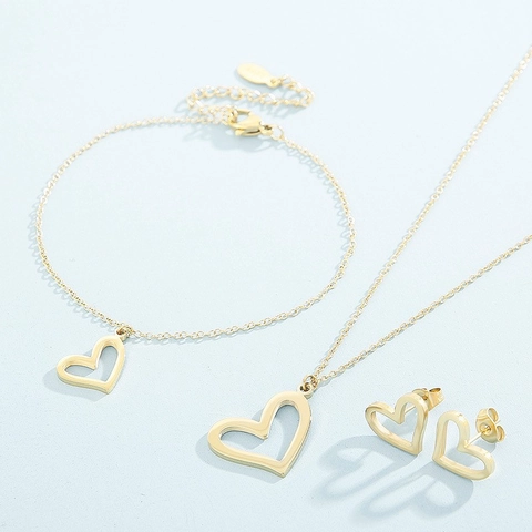 Minimalist Stainless Steel Hollow Heart Necklace Bracelet Stud Earrings For Women Sweet Elegant Korean Style