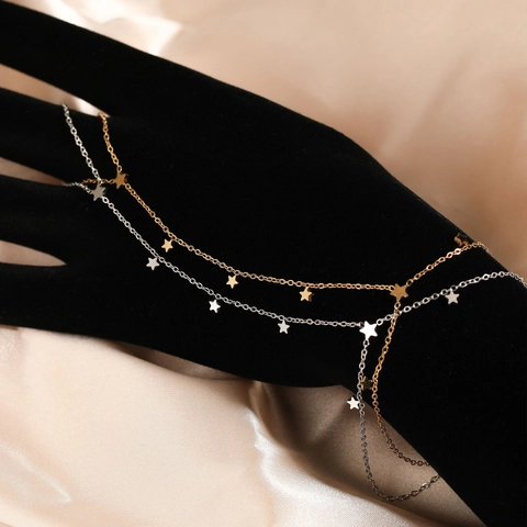 Stern Handkette Edelstahl Sklavenarmband Mit Ring Minimalistischer Boho Modeschmuck Für Damen Gold Silber