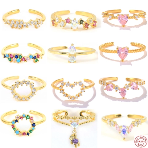 925 Sterling Silver Open Adjustable Ring With Heart Shape Colorful Cubic Zirconia Dainty Fashion Jewelry For Women