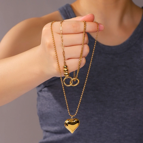 Heart Pendant Double Layer Necklace Stainless Steel 18K Gold Plated Hip Hop Geometric Jewelry For Women