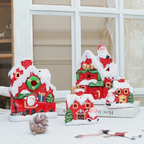 Weihnachts Haus Ornamente LED Licht Keramik Schneehaus Weihnachtsmann Miniatur Für Feiertag Tischbaum Deko Rot Weiß