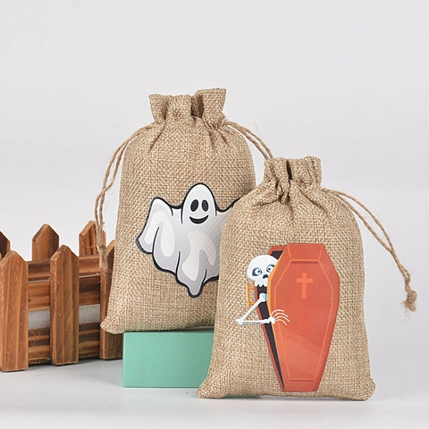 Halloween Drawstring Bags Burlap Linen Candy Gift Packaging Pouch Pumpkin Ghost Skull Print Party Decor Favor
