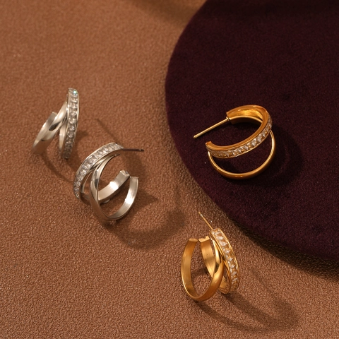 Dubbellaagse C Ring Oorbellen Roestvrij Staal 18K Verguld Fonkelende Zirkonia Mode Sieraden Voor Dames