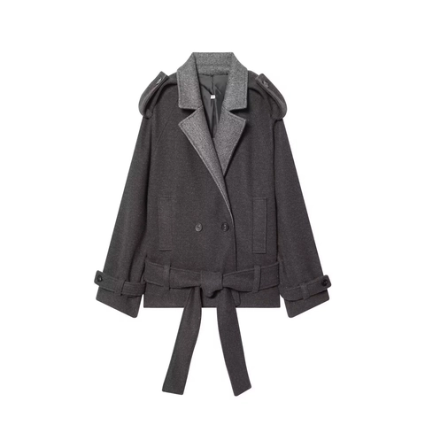 Cappotto Donna Doppio Petto Trama Lana Colletto Contrasto Splicing Giacca Corta Cintura Moda Grigio