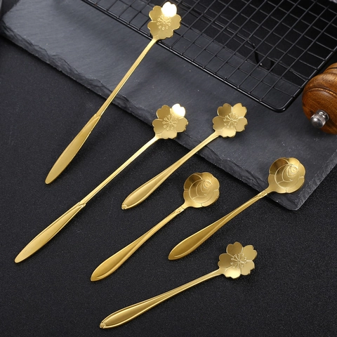 Cucchiaio In Acciaio Inossidabile A Forma Di Fiore Dorato Design Ciliegio Rosa Manico Lungo Caffè Dessert Agitazione Tavola Elegante Regalo