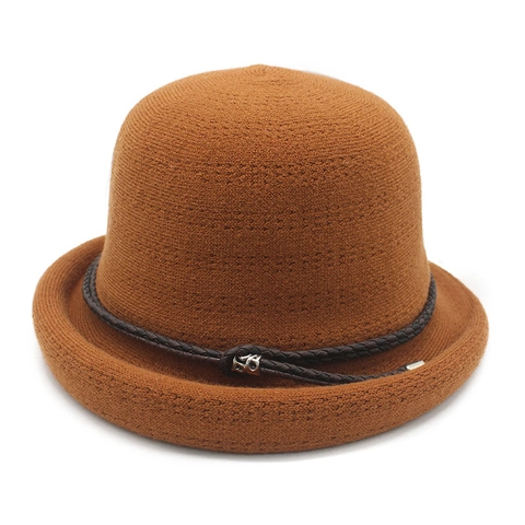 Knitted Cloche Bucket Hat Women Vintage Elegant Breathable Sunshade Viscose Nylon Polyester Blend With Braided Strap