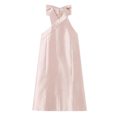 Rosa Neckholder Mini-Kleid Aus Satin Ärmellos Rückenschleife A-Linie Party Sommer Slim Fit Damen
