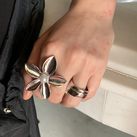 Anello Aperto Fiore Cavo Rotondo Geometrico Imitazione Perla Artificial Lega Regolabile Minimalista Chic Donne