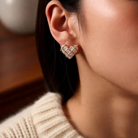 Heart Stud Earrings Elegant Grid Square Cubic Zirconia Copper 18k Gold Plated With Silver Earring Post For Women