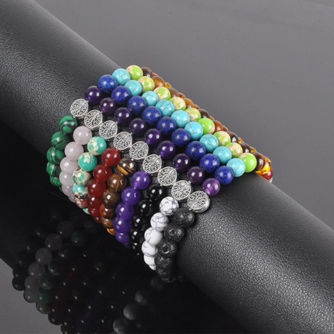 Bracciale Con Perle Chakra In Pietra Naturale Con Ciondolo Albero Della Vita In Lega Gioielli Elastici Yoga Etnico