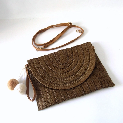 Sommer Gewebte Papier Stroh Briefumschlag Clutch Tasche Mit Abnehmbarem Schultergurt Handgelenkschlaufe Zwei Pompons Urlaub Boho Für Damen