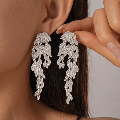 Orecchini Pendenti In Lega Con Strass Foglia Con Perno In Argento Sterling 925 Nappa Lunga Vintage Matrimonio Lusso