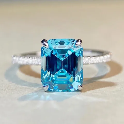 925 Argento Sterling Taglio Smeraldo Zirconia Anello Elegante Rettangolare Blu Bianco Rosa Intarsiato Pietre Preziose Anello Donna