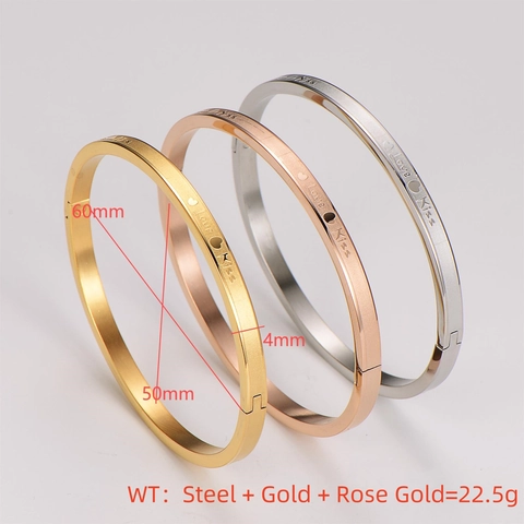 Stainless Steel Bangle Heart Engraved Love Kiss Gold Rose Gold Silver Color Minimalist Fashion Jewelry For Women