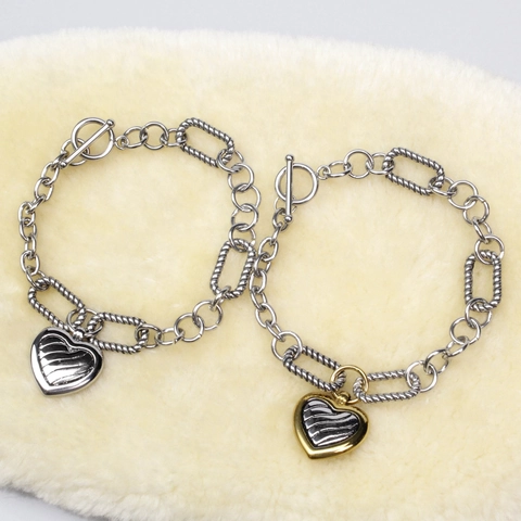Vintage Edelstahl Herz Anhänger Armband Für Damen Gedrehte Kabel Gliederkette Knebelverschluss Zweifarbig Mode Schmuck Geschenk