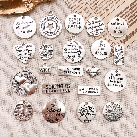 Vintage Zinc Alloy Alphabet Tag Pendant Antique Silver Inspirational Quote DIY Jewelry Making Accessorie For Necklace