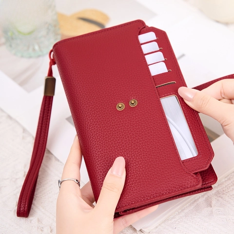Damen Geldbörse Lang RFID Schutz PU Leder Litchi Muster Viele Kartenfächer Große Kapazität Mit Handschlaufe Clutch