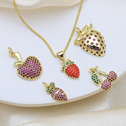 Obst Anhänger Halskette Kupfer Zirkon Vergoldet Schmuck Apfel Erdbeere Kirsche Für Frauen