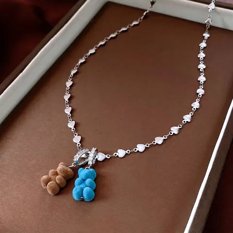Collier Pendentif Ours En Peluche Flocage Chaîne Coeur Cuivre Strass Bijoux Animaux Mignons Pour Femmes