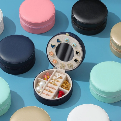 Mini Round Jewelry Box Portable Travel Case PU Leather With Mirror For Rings Earrings Organizer Small Jewelry Storage