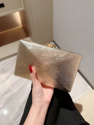 Bolso De Noche Para Mujer Lujo Cierre De Hoja De Metal Bolso De Caja Cuadrada Con Cadena Para Fiesta Boda Banquete Elegante PU