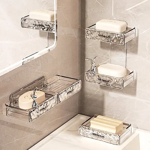 Portasapone Da Parete Trasparente PET Vassoio Drenaggio Senza Fori Lusso Texture Onde Acqua Supporto Bagno Doppio Strato