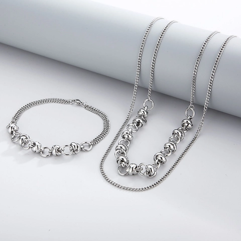 Collar Y Pulsera De Acero Inoxidable De Doble Capa Joyería Con Diseño De Nudo Anillo Para Mujer Moda Minimalista Apilable