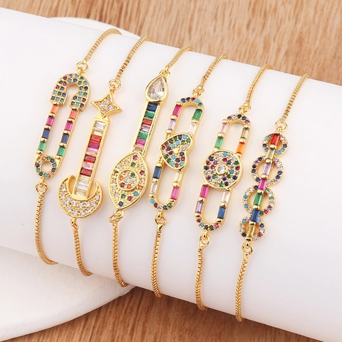 Shiny Colorful Zircon Adjustable Bracelet For Women Copper Gold Plated Micro Pave Flower Star Moon Charm Jewelry