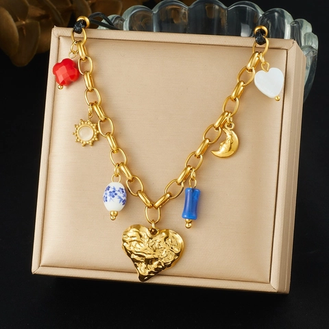 Vintage Gold Plated Stainless Steel Heart Pendant Necklace With Spliced Rope Chain Evil Eye Sun Moon Charms For Women