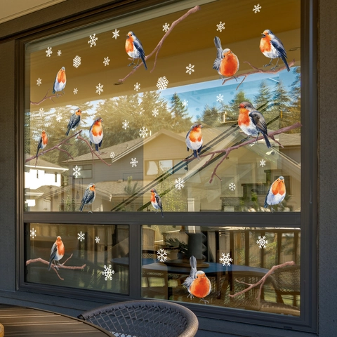 Pegatinas Estáticas Para Ventana Navidad Pájaro Petirrojo Rama Copo De Nieve Decoración Cristal Invierno Hogar