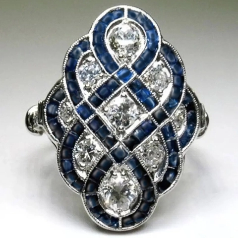 Art Deco Vintage Ring Copper With Blue And Clear Cubic Zirconia Hollow Geometric Retro Jewelry For Women