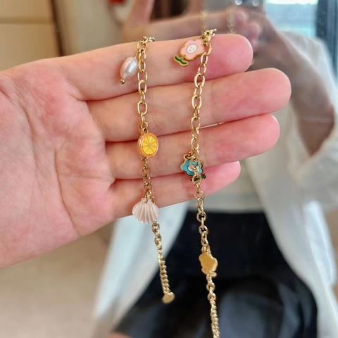 Stainless Steel Shell Artificial Pearl Bracelet For Women Handmade Colorful Sunflower Fruit Pendant Jewelry Gold Chain