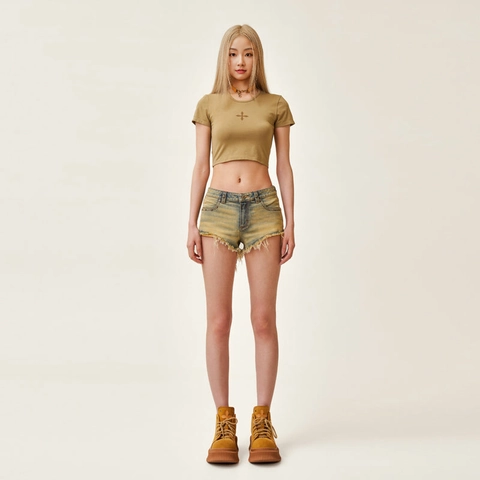 Pantaloncini Di Jeans Vintage Distressed Da Donna Orlo Con Frange Rivetto Giallo Lavato Cotone Streetwear Hot Pants