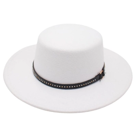 Eleganter Damen Wollfilz Flacher Hut Französischer Stil Breite Krempe Mit Schwarzem Nietband Sonnenschutz Party Hut