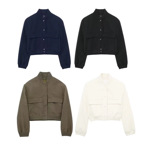 Women Short Bomber Jacket Stand Collar Large Pockets Button Down Ribbed Trim Casual Cargo Style Flight Coat Outerwear