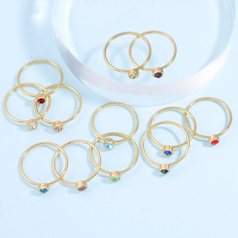 Minimalist Round Birthstone Ring 304 Stainless Steel With Glass Gemstone Jewelry Gift For Women Men Daily Wear Fashion
