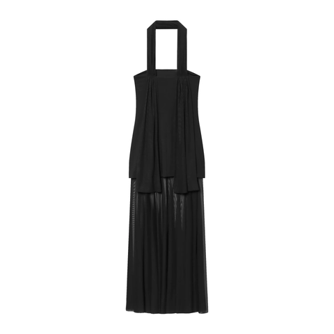 Vestito Maxi Neck Halter Da Donna Nero Patchwork In Maglia Di Poliestere Senza Maniche Trasparente Elegante Stile Socialite