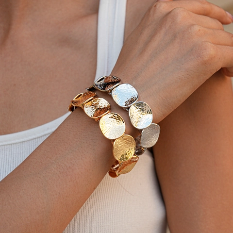 Alloy Hammered Metal Disc Elastic Bracelet For Women Minimalist Geometric Round Piece Stretch Bangle Fashion Jewelry