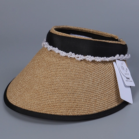 Women's Elegant Paper Straw Sun Visor Hat With Faux Pearl Decoration Wide Brim UV Protection Headband Style Open Top Beach Hat