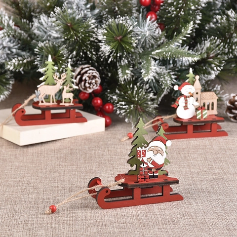 Kerst Houten Slee Desktop Ornamenten DIY Montage Cartoon Kerstman Sneeuwpop Rendier Feestelijke Home Decor Window Display