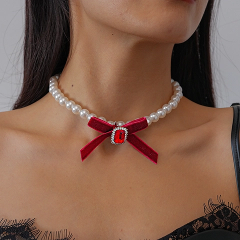 Vintage Faux Künstliche Perlen Choker Halskette Mit Samtschleife Quadratischer Kristall Strass Eleganter Halsschmuck Für Damen