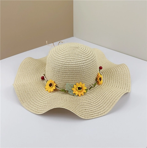 Women Girls Straw Sun Hat Large Wavy Brim Sunflower Wreath Floral Beach Vacation Summer Protection Parent Child