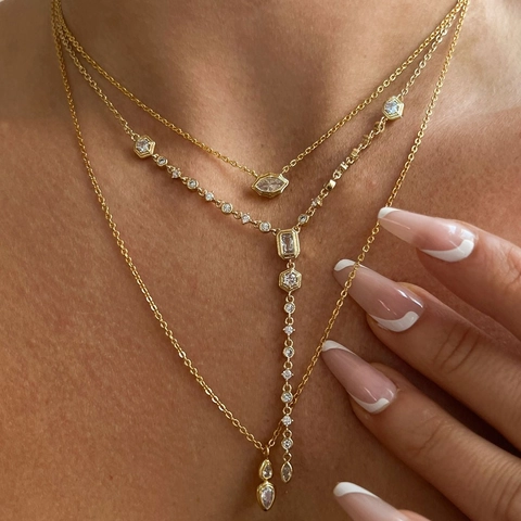 Geometric Zircon Pendant Necklace Copper Gold Plated Layered Minimalist Y Shape Jewelry For Women Elegant