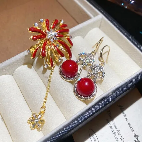 Gioielli Fiori Fuochi D Artificio Strass Lega Orecchini Perla Artificial Rossa Con Perno In Argento E Spilla Per Donna Elegante