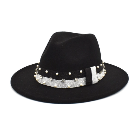 Sombrero Fedora de Lana Unisex Vintage Británico Con Cinta de Perlas y Strass Sombrero de Jazz Retro de Ala Ancha para Protección Solar