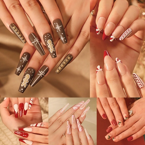 Kerst Press-on Nagels Kunstnagels Plastic Sneeuwvlok Peperkoek Kistvorm Feestelijke Manicure Voor Vrouwen