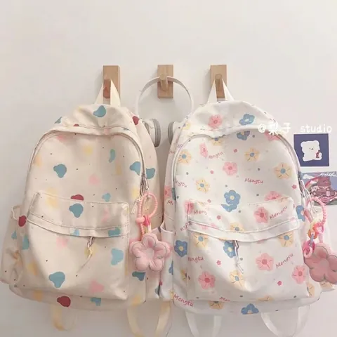 Kids Backpack Polyester Waterproof Large Capacity School Bag Cute Cartoon Print For Girls With Flower Pendant