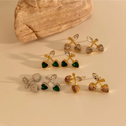 Boucles D Oreilles Cerise Coeur Acier Inoxydable Zircon Coloré Forme Fruit Bijoux Mode Pour Femmes Filles