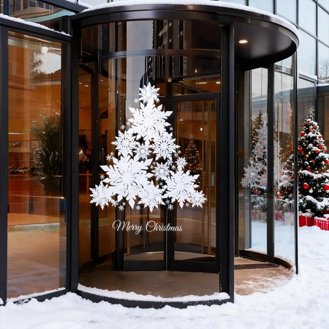 White Snowflake Christmas Tree Window Sticker Static Cling Merry Christmas PVC Decal For Glass Door Shop Showcase